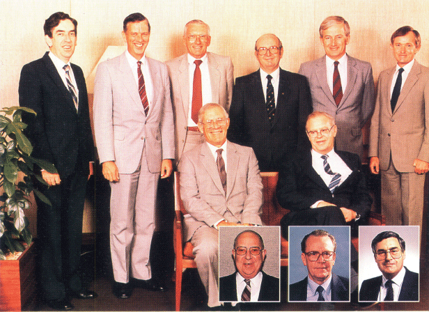 Branch Managers (L to R) Standing: J.K. Colditz, Tas., A.D. Cornish, NSW, Dennis Harradine, ACT, N.T. Bevan, Vic., D.B. Addison, Note Printing, B.W. Parry, NT. Seated: A.P. Eviston, Qld, John Beach, Vic., retired July 1986. Inset: G.W. Keep, WA, Marcus Diamond, SA, from November 1986, K.W. Dawton, London.