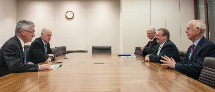 Signing of the Reserve Bank's accounts for 2014/15, (from left) Frank Campbell, Assistant Governor (Corporate Services), Governor Glenn Stevens, Michael Watson, Group Executive Director, Australian National Audit Office, Grant Hehir, Auditor-General of Australia, and John Akehurst, Chair of the Audit Committee