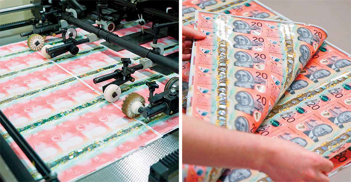 (Left) The new $20 banknotes in production, February 2019; (Right)
										sheets of the new $20 banknotes, February 2019; 