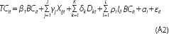 Formula A2: Intuitive description – Trade credit as a proportion of total assets is a function of bank credit as a proportion of total assets, various company-specific variables, financial year dummy variables, various industry dummy variables interacted with bank credit as a portion of total assets and fixed effects. Literal description – TC underscore it equals β underscore 1 BC underscore it plus sum from j = 1 to J γ underscore j X underscore ijt plus sum from k = 1 to K δ underscore k D underscore kt plus sum from l = 1 to L ρ underscore l I underscore it plus α underscore i plus ε underscore it.