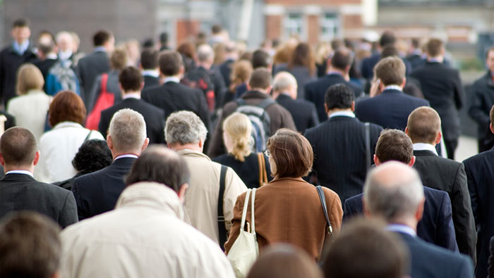 Workers during peak hour are crowding a pedestrian zone