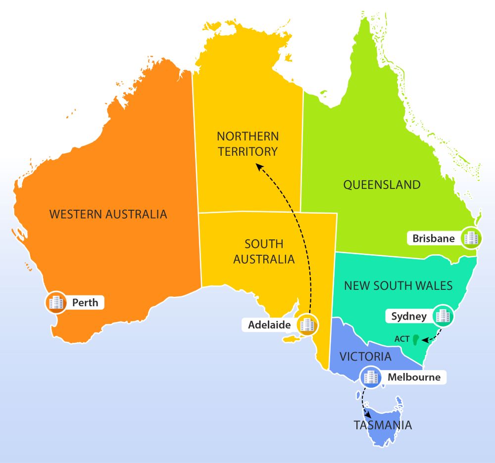 Figure 1: A map showing the location of Reserve Bank offices containing liaison staff, including Sydney, Melbourne, Brisbane, Adelaide and Perth. The Sydney office covers the ACT as well as New South Wales, the Adelaide office covers the NT as well as South Australia, and the Melbourne office covers Tasmania as well as Victoria.